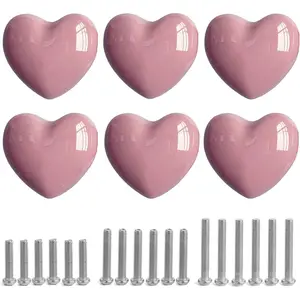 Heart Shape Pink Ceramic Drawer Knobs 6 Pack, Cabinet Dresser Pull Handles with 3 Sized Screws for Kitchen Furniture Closet Cupboard Wardrobe