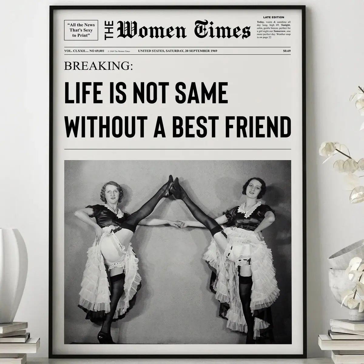 Best friend Gift, Newspaper Print, Girl Dorm Room Art, Best friend Fun Print, Black and White Print, Bar Cart Art, Fashion Print