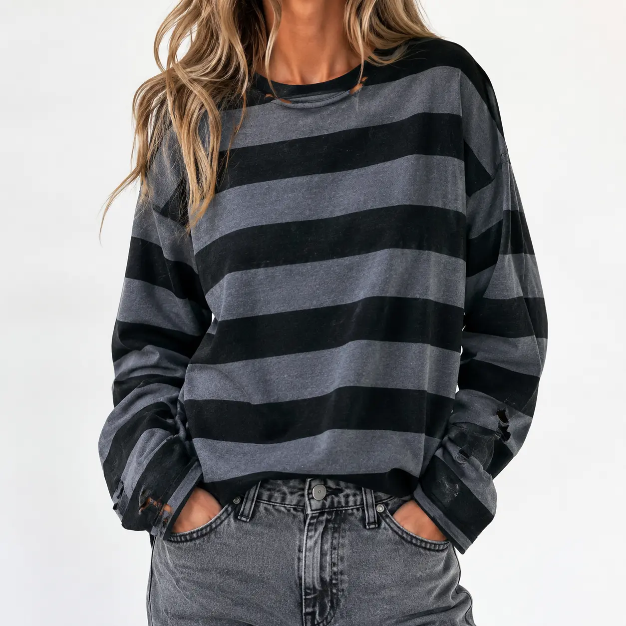 Women's Grunge Striped Knit Sweater Distressed Ripped Hole Pullover Y2K E Girl Goth Oversized Long Sleeve Jumper Lightweight All Season Casual Streetwear Alt Alternative Fashion Trendy Indie Harajuku Aesthetic Cool Top