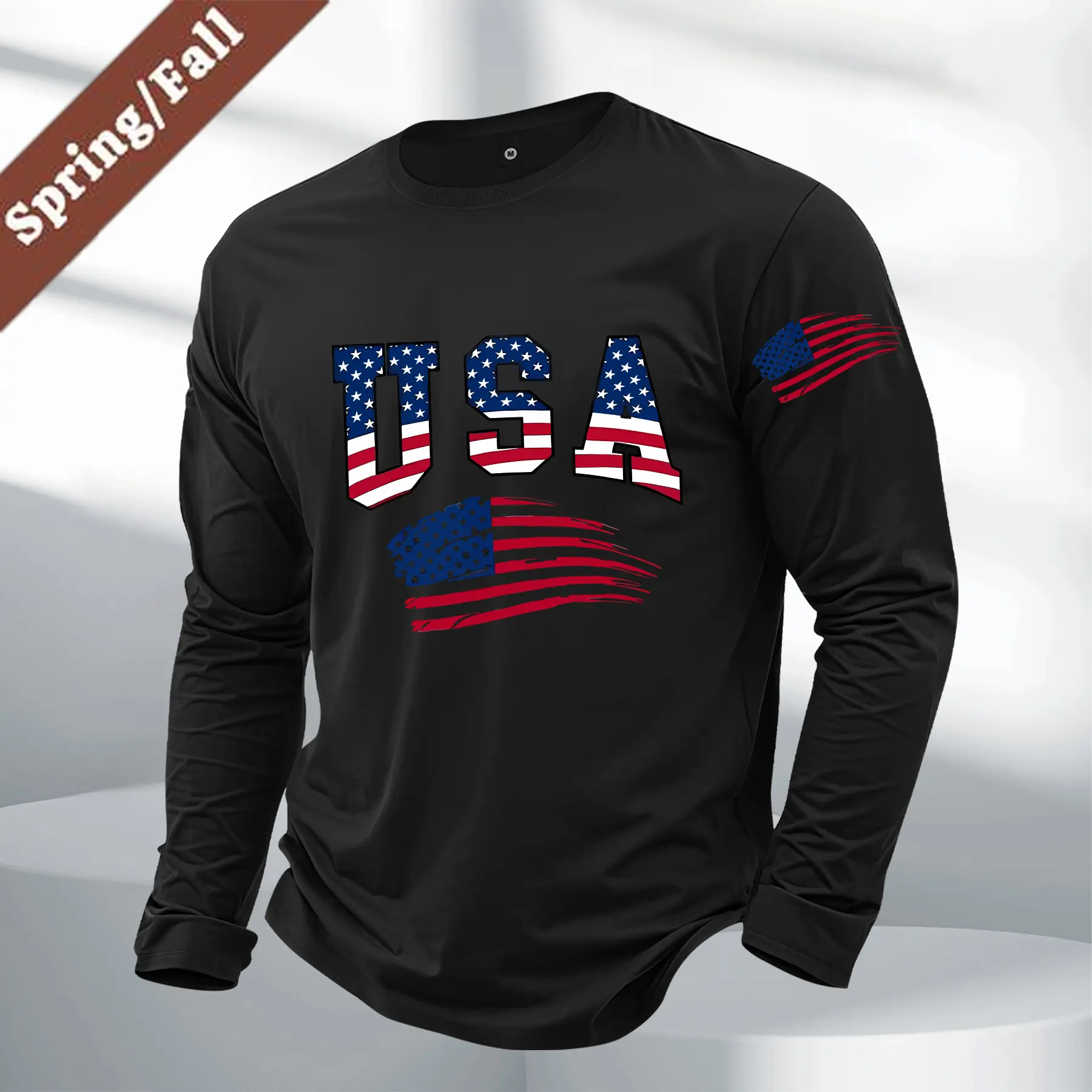 Men's Fitted Athletic Long Sleeve T-Shirt - American Streetwear, USA Letter Logo & Flag Print, Crew Neck, Casual Sportswear, Gym to Street Versatile Tee Pairs with Many Outfits, Perfect Gift for Athletic Men