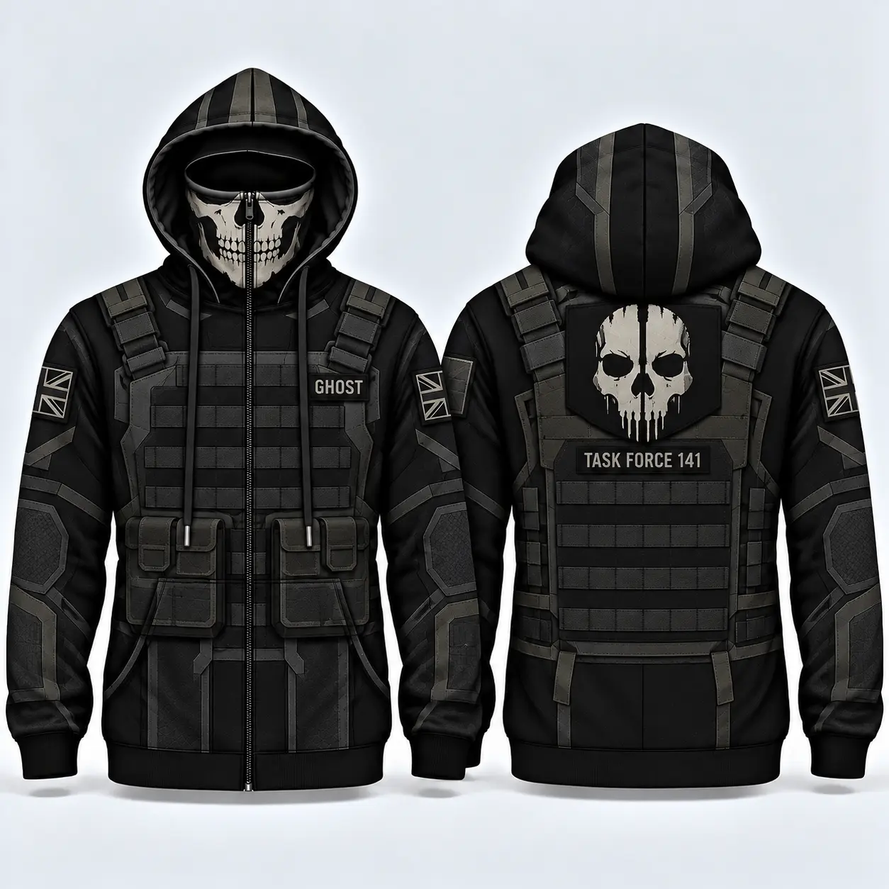 Ghost Task Force 141 Skull Zip-Up Hoodie, Tactical Print High Collar Hooded Sweatshirt, Gamer Gift