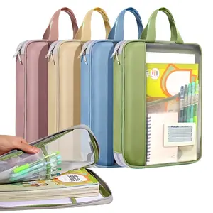Portable Nylon Transparent File Folder, Student Book Bag with Shoulder Strap, Homework Tutoring Document Organizer, Exam Paper Study Bag, Expanding File, Office Supplies