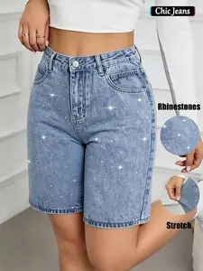 Summer New Women's Casual High-Waisted Slim Rhinestone Elastic Denim Shorts, Comfortable Breathable Fabric, Perfect for Summer