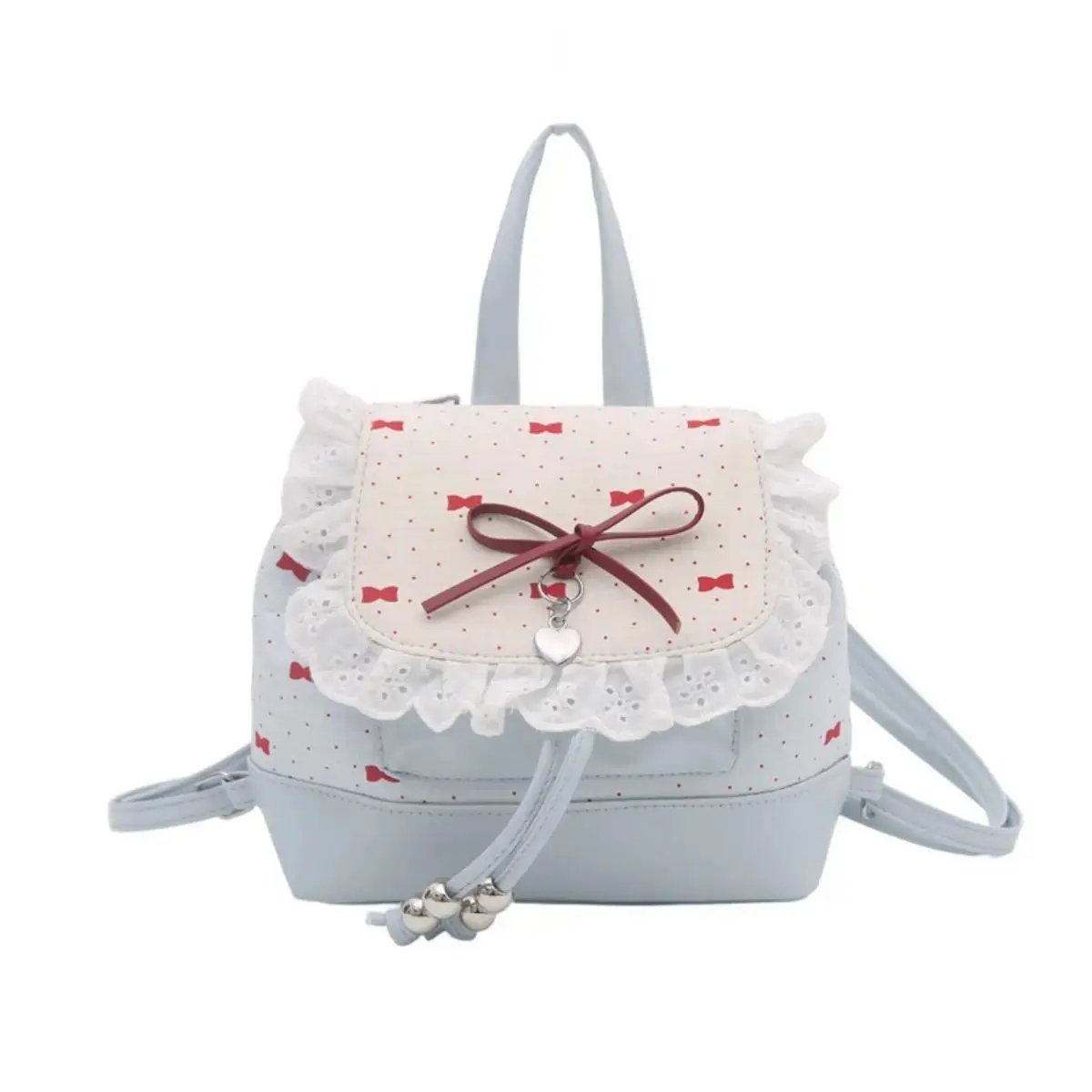 Women's Y2K Polka Dot Lace Bow Mini Bucket Backpack, Casual Daypack with Heart Charm & Ruffle Detail, School Backpack Bookbag for School & Travel (Light Blue)