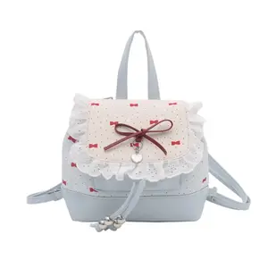 Polka Dot Lace Bow Mini Backpack Cute Y2K Bucket Bag for School & Travel with Heart Charm and Ruffle Detail in Light Blue