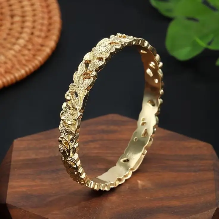 14K Gold Plated Floral Engraved Bangle Bracelet for Women, Vintage Carved Flower Leaf Textured Open Cuff Bangle, Non-Tarnish Stackable Statement Jewelry, Ideal Gift for Birthday/Anniversary