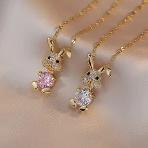 2PCS Cute Bunny Necklaces for Women, Sweet Rabbit Zircon Light Luxury New Design Sparkling Pendant, Elegant Titanium Steel Necklace