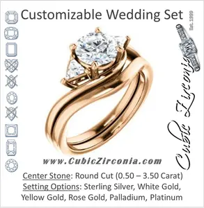 CZ Wedding Set, featuring The Sophie engagement ring (Customizable 3-stone Twisting Bypass Style with Round Cut Center and Triangle Accents)