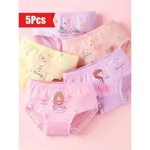 5pcs Girls' Cotton Underwear - Soft Stretchy Triangle Briefs with Cute Cartoon Animal & Princess Designs, Pastel Colors, Lace Trim, All-Season Comfort for Little Girls, Cute Underwear