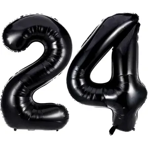 Black 24 Number Balloons, 40 Inch Giant Number 24 Balloons Foil Mylar Helium Black Number Balloons for 24th Birthday Party Supplies Anniversary Event Celebration Decorations