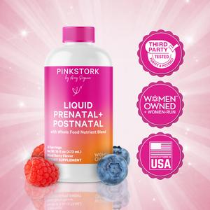 Pink Stork Liquid Prenatal + Postnatal Multivitamin for Women Berry Flavor 1 Month Supply Organic Natural Supplement with Prebiotics & Probiotics