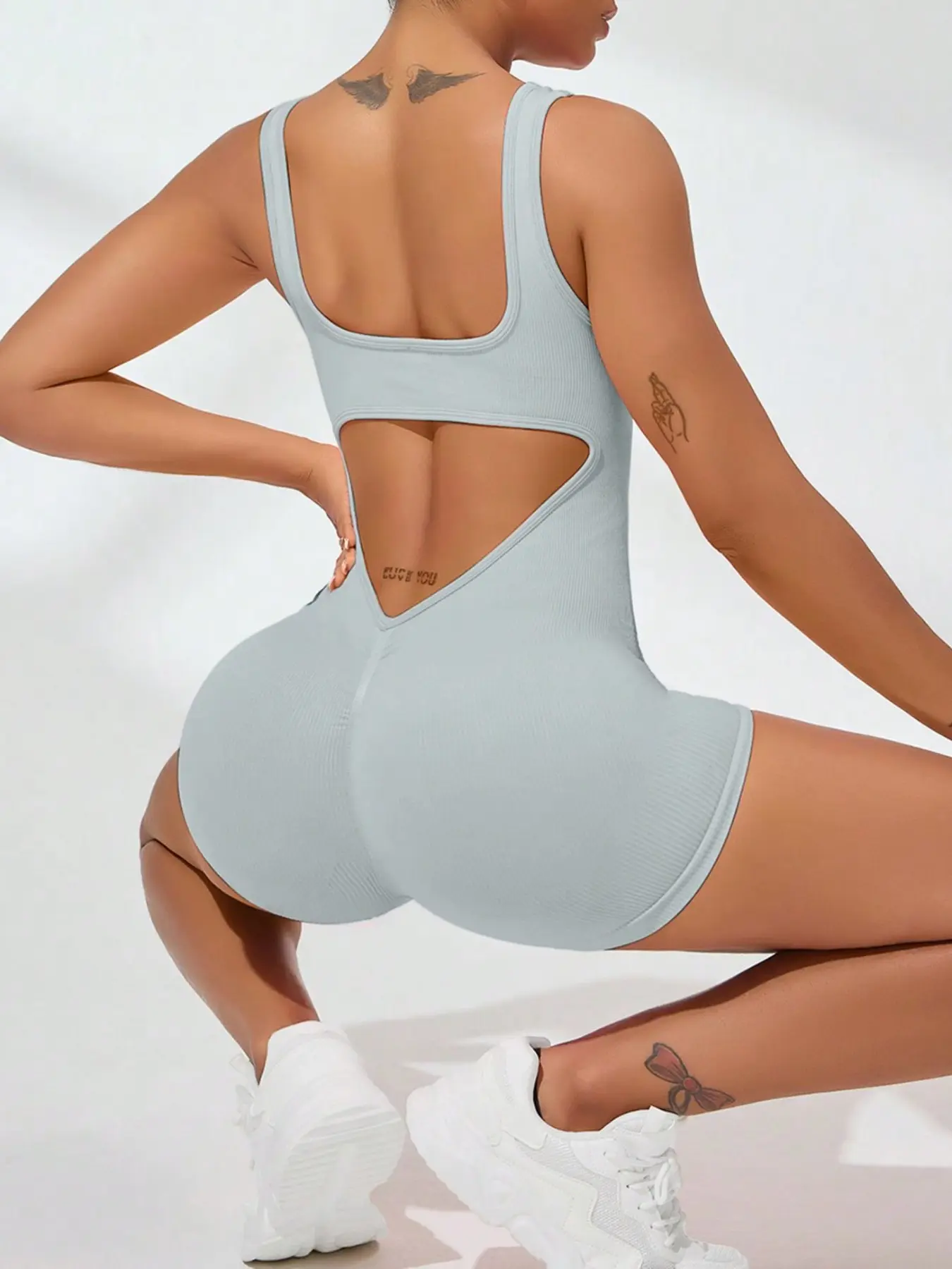 Women's Solid Racer Back Sports Tank Romper, Casual Sporty Comfy Breathable Sleeveless Romper Leotard Outfit for Yoga Gym Workout, Gymnastics Leotards, Ladies Sportswear for All Seasons