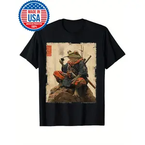 100% Cotton Golf Gift T-Shirt For Men and Women Men's Vintage Samurai Frog Warrior T-Shirt - Soft Cotton Grunge Tee with Japanese Mythology Design, Black Retro Graphic Print, Casual Round Neck Short Sleeve Shirt for All Seasons, Samurai Tshirt