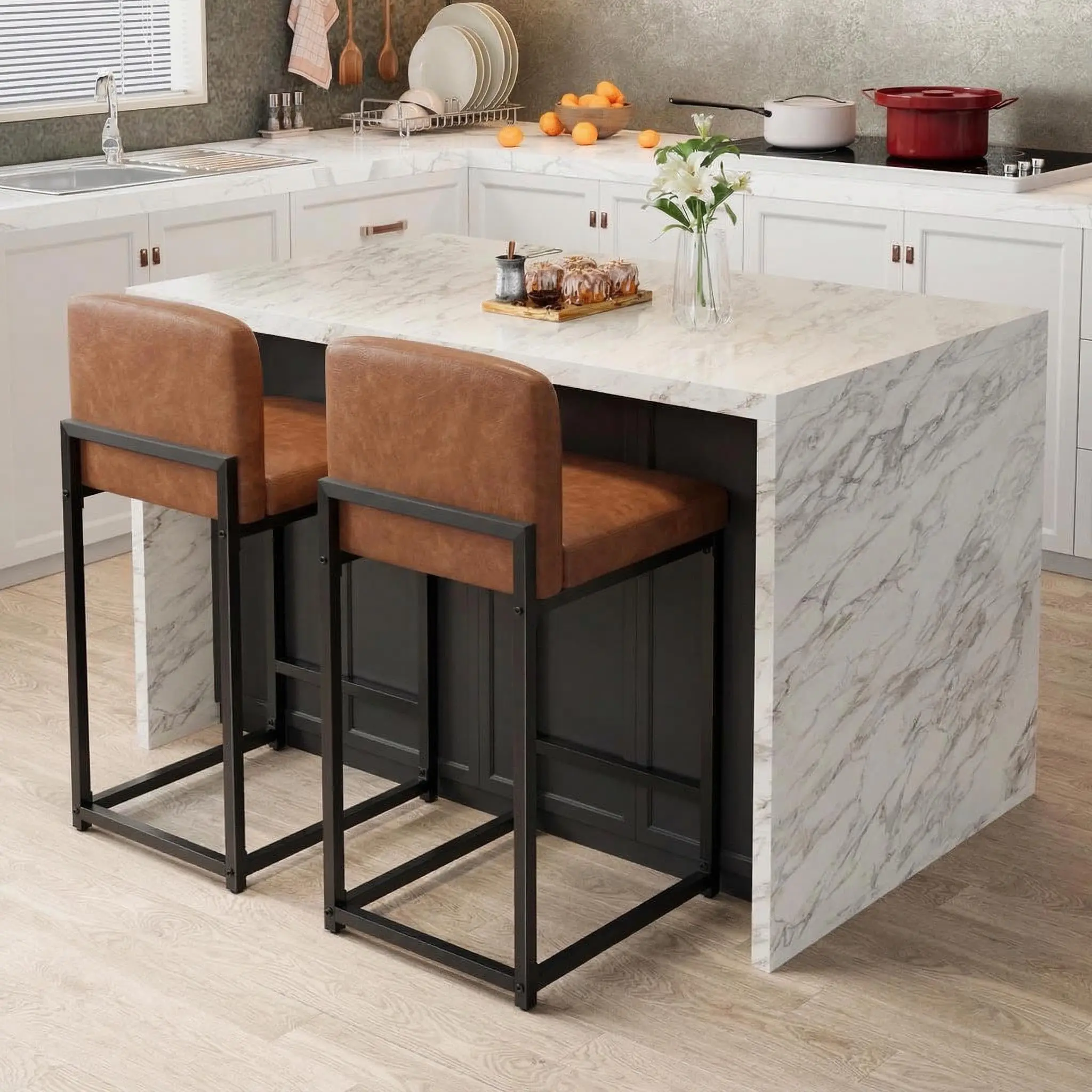 Modern Counter Height Bar Stools Set of 2 – White Faux Leather Upholstered Chairs with Backrest & Footrest – Comfortable Seating for Kitchen Island, Dining Room, Bar Area