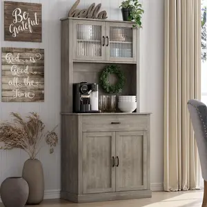 Tall Kitchen Pantry Cabinet with Microwave Stand – Freestanding Buffet Storage, Glass Doors & Shelves, Appliance Organizer for Dining Room & Coffee Bar, White Rustic Gray