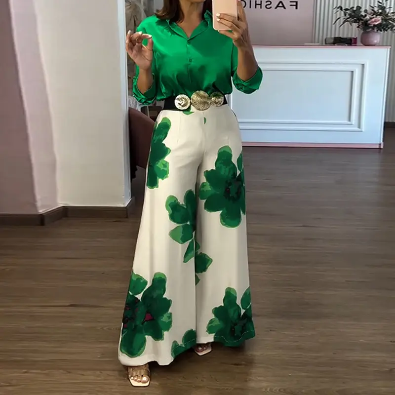 CHICME 2 Pieces Outfit Long Sleeve Satin Blouse and Casual Wedding Guest Floral Print High Waist Wide Leg Pants Wedding Set/High-Waisted Lounge Outfit/ Satin Blouse and Pants Set（Without Belt Flowy