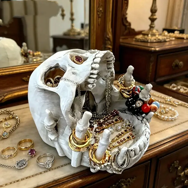 Gothic Smooth Resin Skull Trinket Jewelry Box, Multi-Compartment Storage Case With Built-In Necklace Hooks, Spooky Chic Desktop Decor For Rings Earrings Necklaces, Ideal Halloween & Daily Home Accessory Organizer