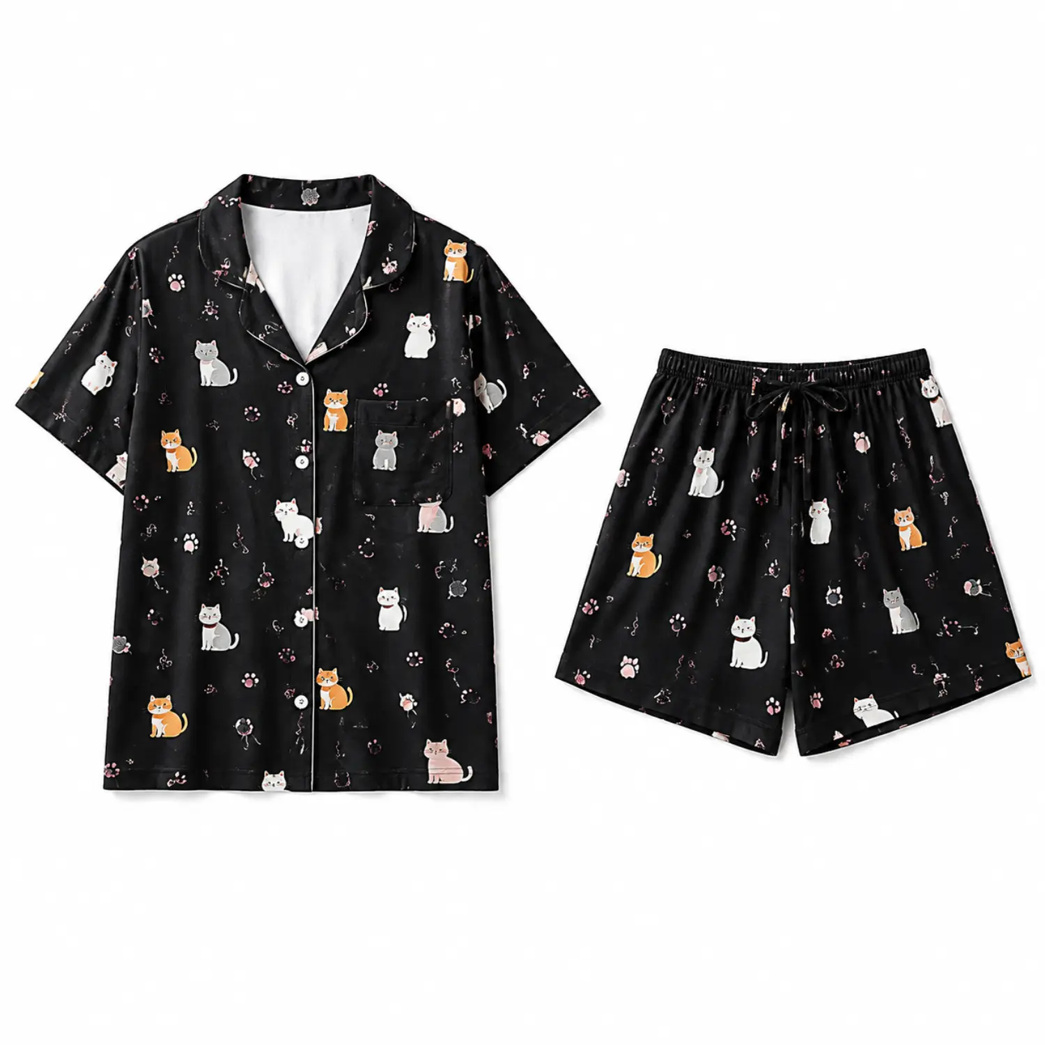 Black Cat Print Pajama Set Short Sleeve Button Up Collared Shirt with Chest Pocket and Drawstring Shorts for Comfortable Sleepwear