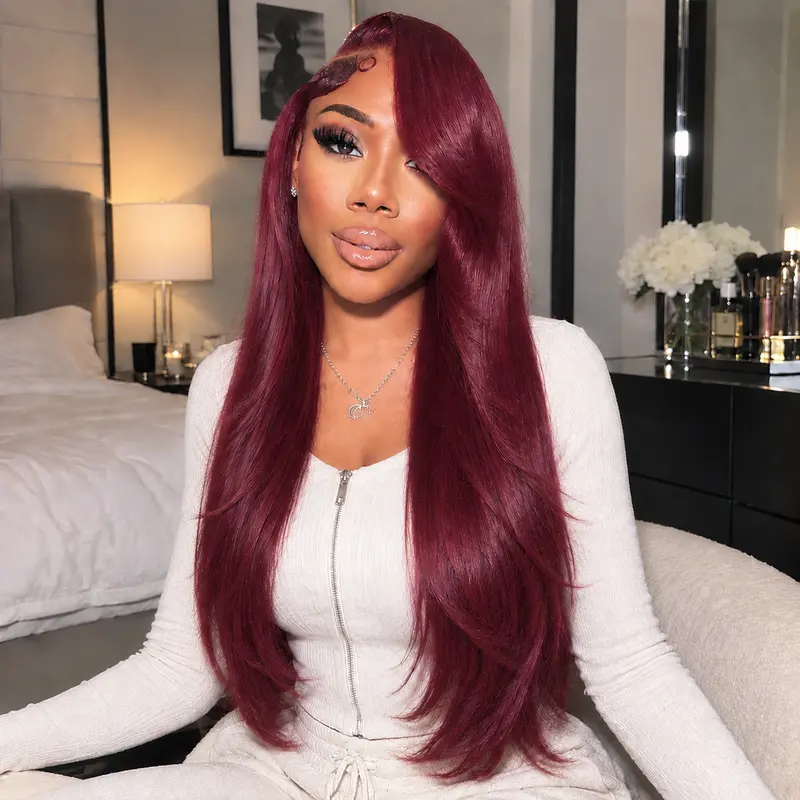 Tuneful 99j Burgundy 13x6 Lace Front Wigs Human Hair Burgundy Human Hair Layered Wig 180% Density Natural Straight Hair Wigs for Women Pre Plucked with Baby Hair
