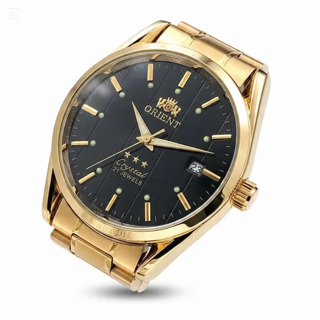 Orient 3 Star Crystal Men’s Automatic Watch, 21 Jewels Japanese Mechanical Movement, Luminous Markers, Date Display, Gold-Tone Stainless Steel Bracelet, Multi-Color Dial Options, Classic Business Dress Wristwatch, Gift For Watch Collectors Daily Formal