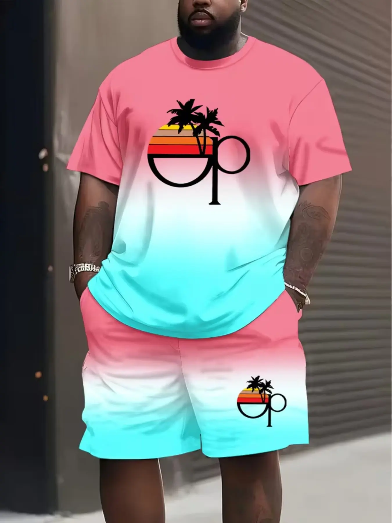 Men's Geometric Print Tropical Casual T-Shirt and Track Shorts Set, Top, Polyester Material, Summer Sports, Party, Travel, Gift, Clothes