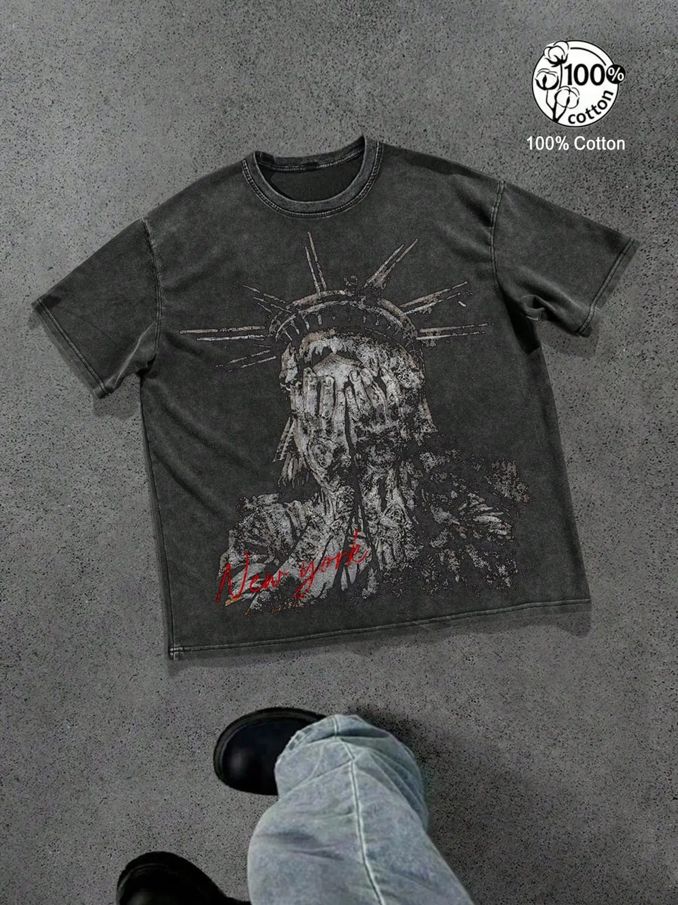 Unisex 100% Cotton Acid Wash Vintage Oversized T-Shirt, Covered-Face Skeleton Statue of Liberty "New York" Print, Dark American Streetwear Top