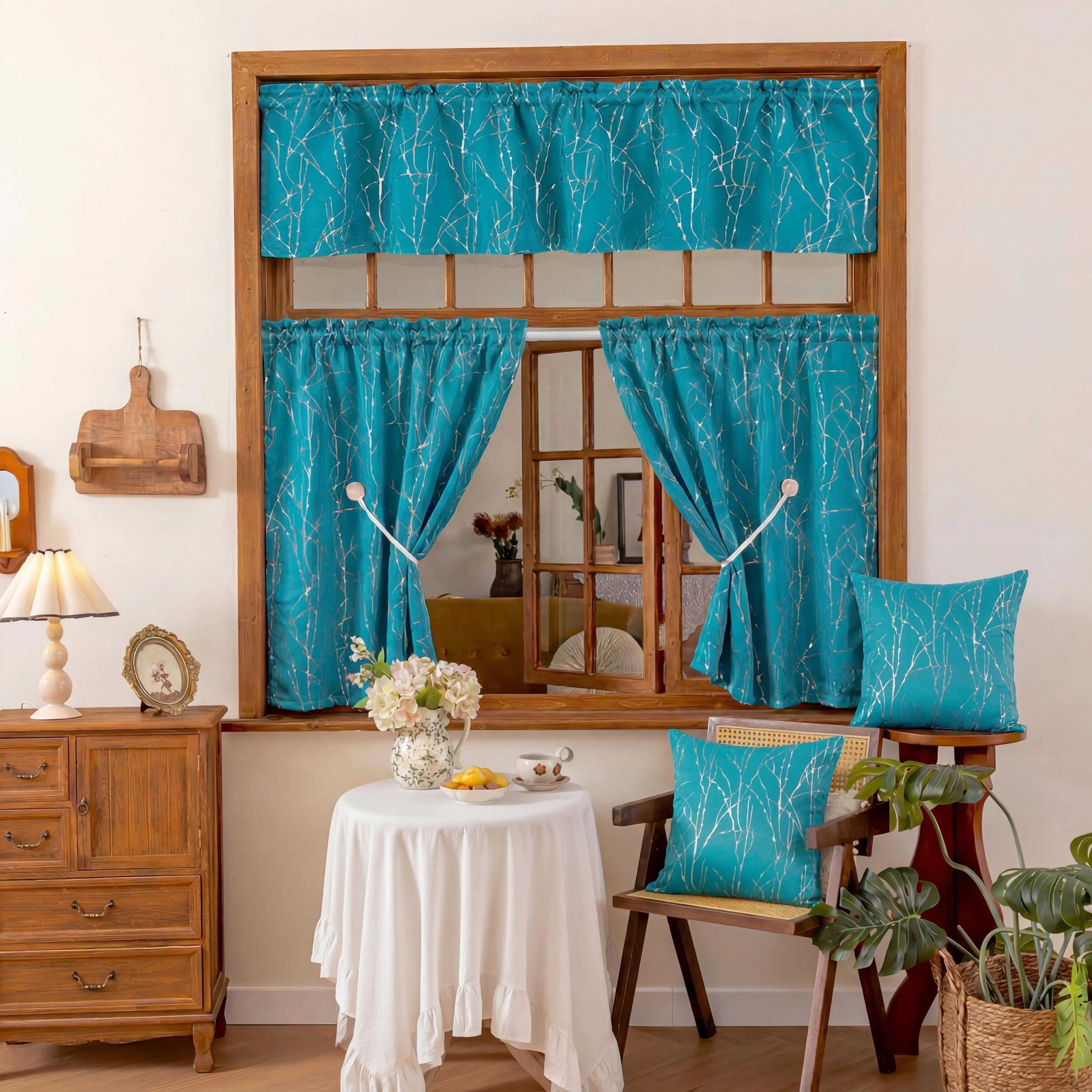 3 Pcs Traditional Blackout Flat Weave Window Curtain Valances - Branch Motif Plant Prints, Thermal Insulated Rod Pocket, Fading Resistant, 1x52x18+2x26x36 in, Easy Install Room Decor Curtain for Living Room, Kitchen, FT24791 Curtaintrack Home Textile