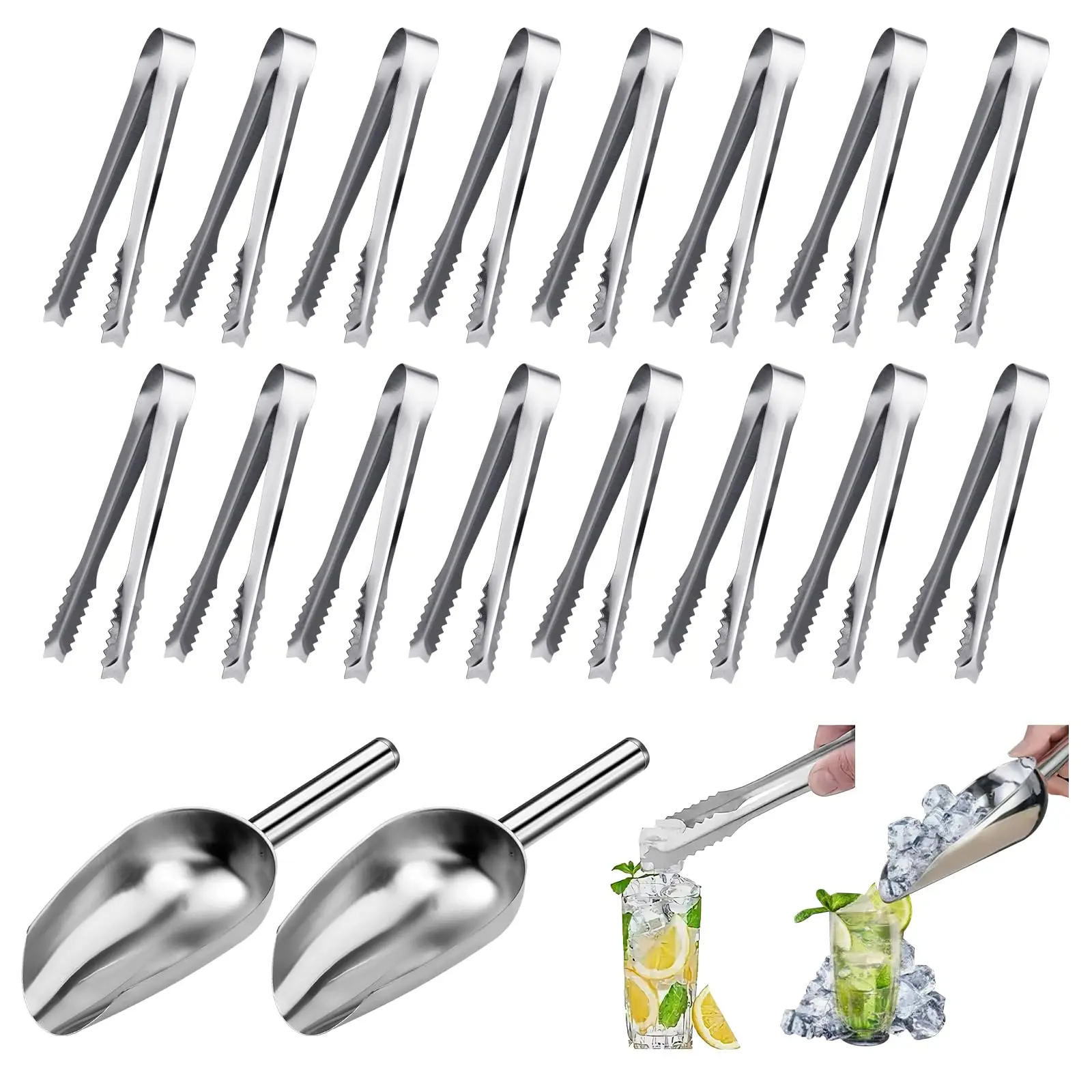 18 Pack Utensils Set,Including 2 Stainless Steel Ice Scoop,16 Ice Tongs,Ideal for Dishwasher Safe,Kitchen,Bar,Buffet,Bag Shovel,Crushed Ice Cubes,Christmas Party Gifts,Hand Tools Kits
