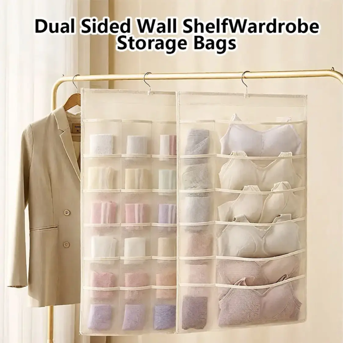 Bra and Underwear Closet Hanging Organizer,Closet Hanging Organizer with Mesh Pockets & Rotating Metal Hanger,Dual Sided Wall Shelf Wardrobe Storage Bags for Bra Socks Underwear Underpants (12+18 Pockets Beige)