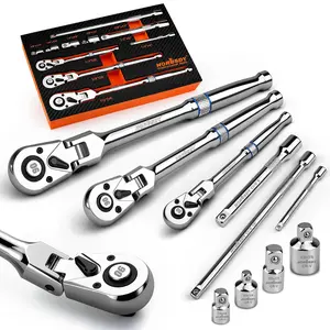 HORUSDY 10-Piece Flex-Head Ratchet Set, 1/4", 3/8" & 1/2" Drive Socket Wrenches, 90-Tooth Quick-Release Reversible Low-Profile, Extension Bars (4", 10", 6") & 4 Adapters for Bike & Home Repair