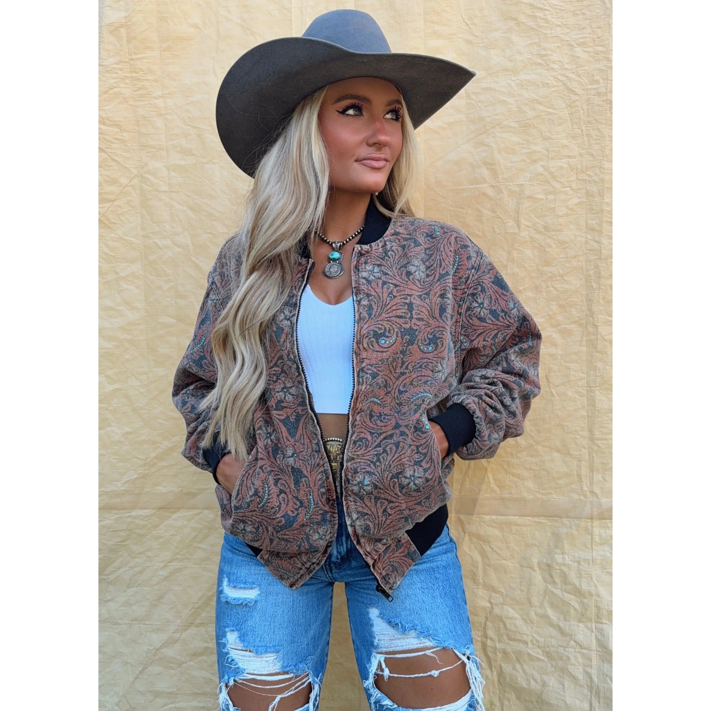 Turquoise Tooled Bomber Jacket