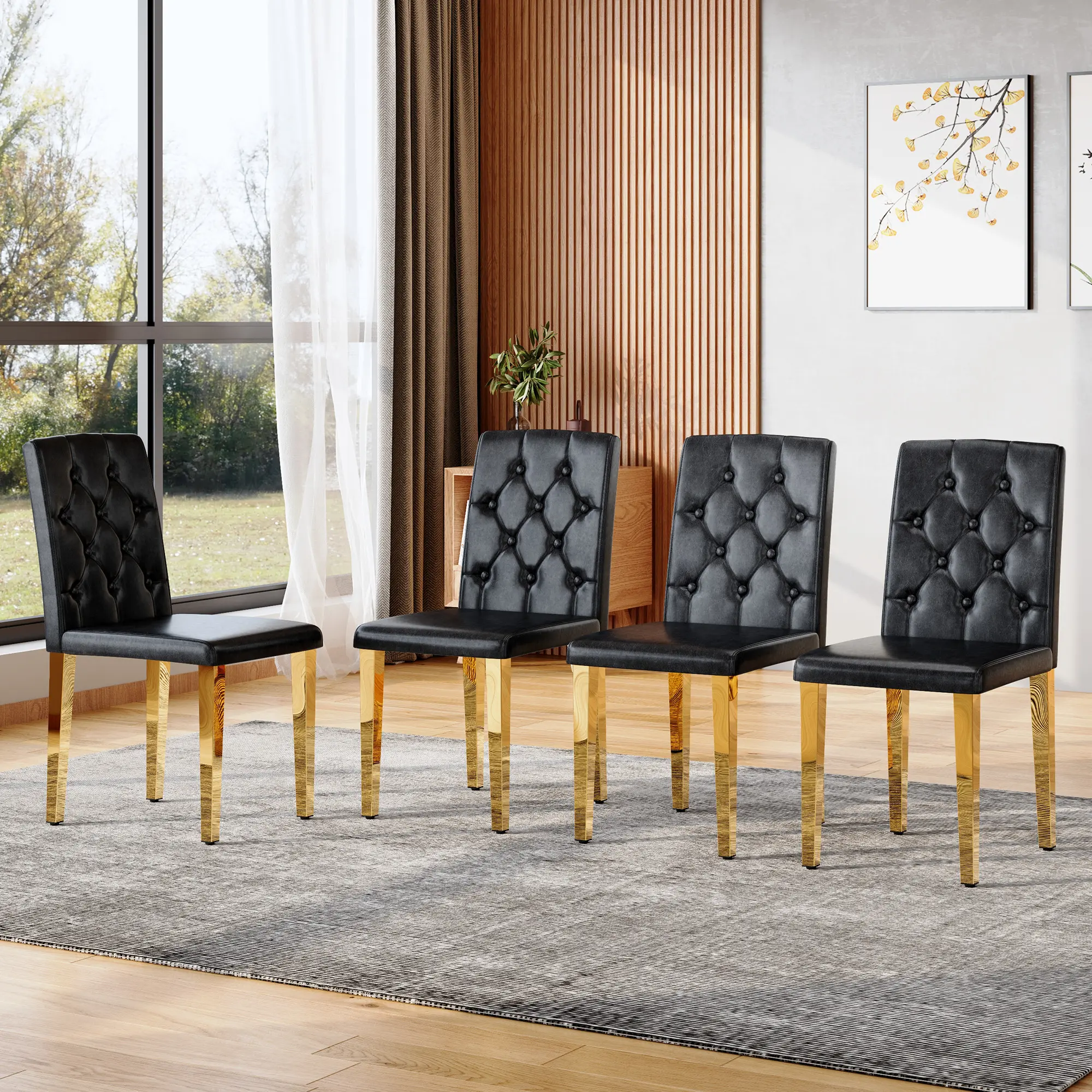 4-Pack Modern Ergonomic Dining Chairs (Modern Decorative Chairs), Black PU Leather Upholstered, Golden Metal Legs, 35" High Buckle Backrest, Padded Seat, Easy Assembly, Minimalist Design, Suitable for Home & Commercial Use, Modern Decorative Chair