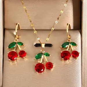 A Set of Cute-style Necklace and Earrings, Featuring a Delicate Red Cherry Design. This Light Luxury, Elegant, and Fashionable Jewelry Accessory Is Perfect for Gifting, Daily Wear, Parties, and Holiday Celebrations. An Ideal Birthday Gift for