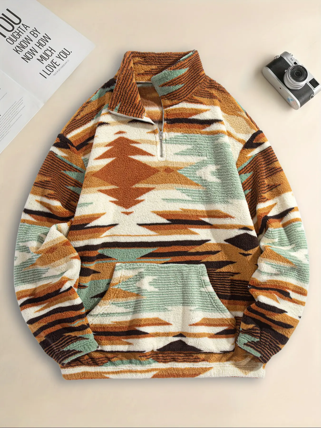 Men's Fleece Half-Zip Sweatshirt, Fall Winter Warm Casual Cultural Ethnic Long Sleeve Top, Comfortable Stylish Wear, Casual Cozy Sweatshirt