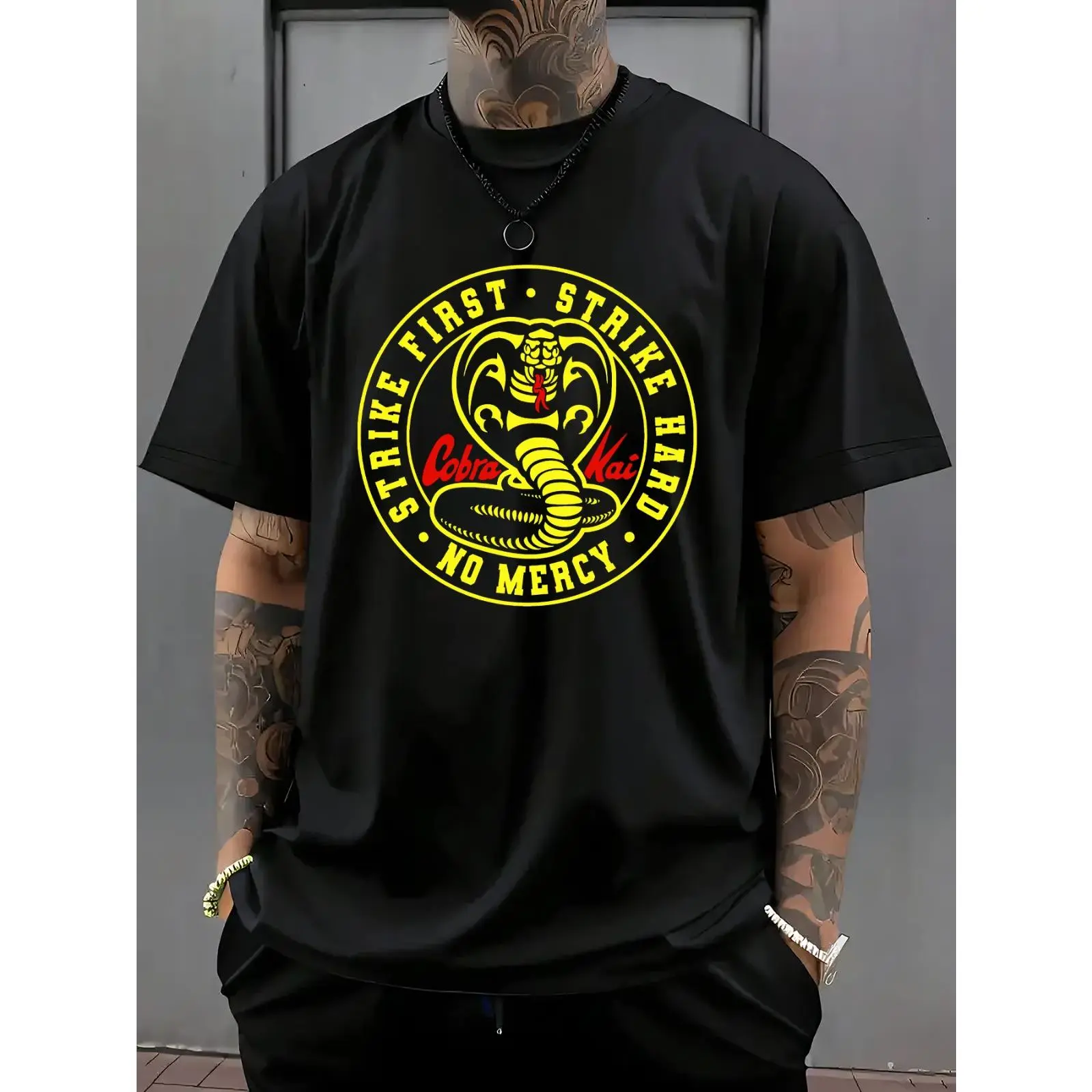 Women's Cobra Kai Graphic T-Shirt - "Strike First No Mercy" Print, Short Sleeve Cotton Fabric, Elastic, Breathable Round Neck, Regular Fit Casual Summer Top for Fans, Shortsleeve, Tshirt, Breathable Cotton Keeps Cool, Soft, Elastic Fabric