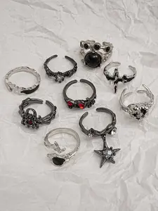 9 Pcs Punk Gothic Spider Star Rings, Unisex Fashion Jewelry, Unique Minimalist Design, Perfect Valentine's Day Gift, Trendy Accessories