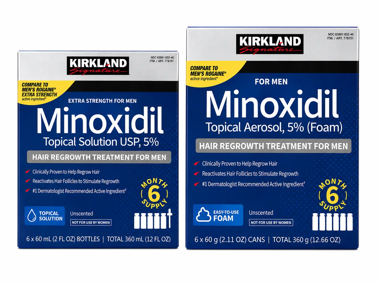 Kirkland Signature Minoxidil 5% Hair Regrowth Treatment for Men - Haircare Daily Use, 6-Month Supply, Unscented Foam/Solution, Regrows Hair, 6 Months