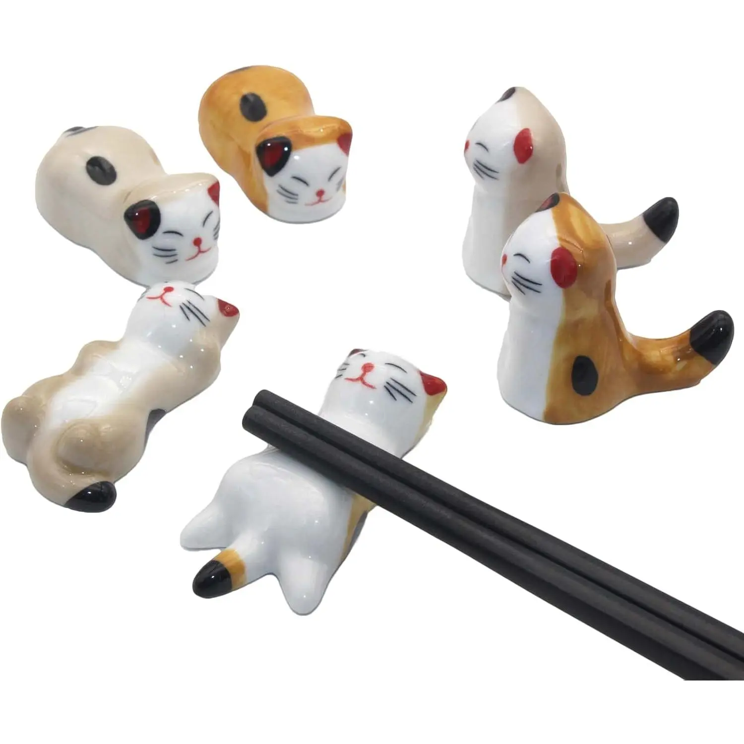 Cute Cat Ceramic Chopsticks Rest 6-Pack Cutlery Set - Tableware Holder for Chopsticks, Spoons, Knives, Forks - Ideal for Home Kitchen Dinners