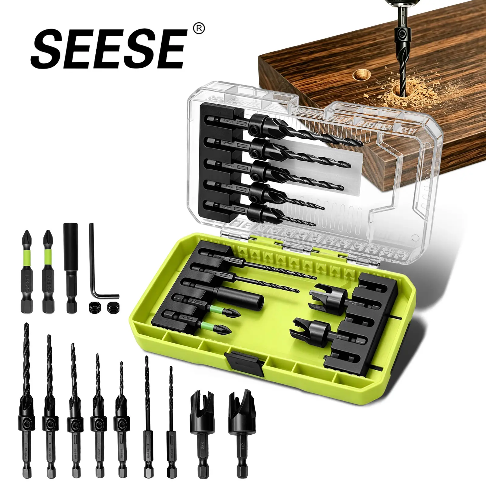 SEESE 12PCS Adjustable Countersink Drill Bit Set,HSS Wood Countersink Drill Bits with Plug Cutter,Magnetic Extension Bit Holder & Storage Case for Woodworking