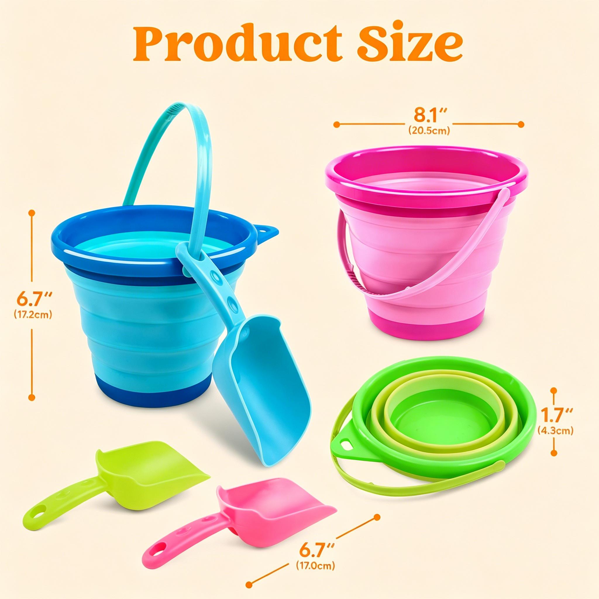 3 Pack Foldable Beach Buckets with Shovels & Mesh Bag | Portable Collapsible Pails
