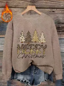 [Autumn and Winter] Christmas tree Merry Christmas letter print women's casual and fashionable round neck faux wool top, women's round neck faux wool top party wear, pattern print comfortable round neck faux wool top