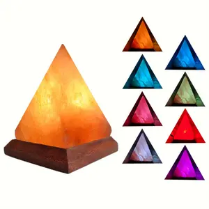 Hand-Carved USB Himalayan Salt Lamp with 8 Color Changing LED, Pyramid Crystal Rock for Home Decor, Office, Yoga & Relaxation - Genuine Wood Base, Calming Ambiance Lighting, Decor Lighting |   Ambient Touchcontrolled Ligh