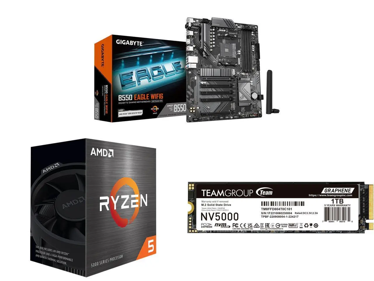 GIGABYTE B550 EAGLE WIFI6 Motherboard, AMD AM4 Ryzen 5000, ATX, DDR4, 2x M.2, PCIe 4.0, WIFI6, 1GbE LAN, EZ-Latch AMD Ryzen 5 5500 6-Core 3.6GHz CPU, Team Group NV5000 1TB PCIe 4.0 NVMe SSD