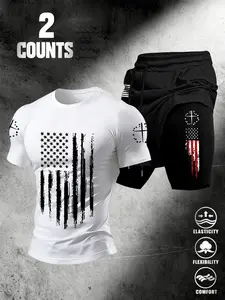 Men's American Patriotic Sports Set, High Elastic Breathable T-Shirt + Dual-Layer Quick-Dry Shorts, Vintage Flag + Cross Print, Fashion Two-Piece Set, Athleisure Wear Sets, Athleisure Activewear Set