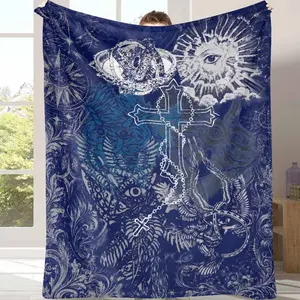 Mystic Eye and Cross Pattern Flannel Blanket Sacred Symbol Artistic Print Soft Warm Cozy Texture Perfect for Bedroom Living Room Meditation Space Spiritual Gift Home Decor