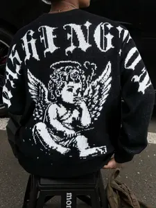 Autumn Winter New Angel Cartoon Pattern Knitwear, Casual Vintage Versatile Long Sleeve Pullover Sweater, Loose Fit Round Neck, Knitted Tops
