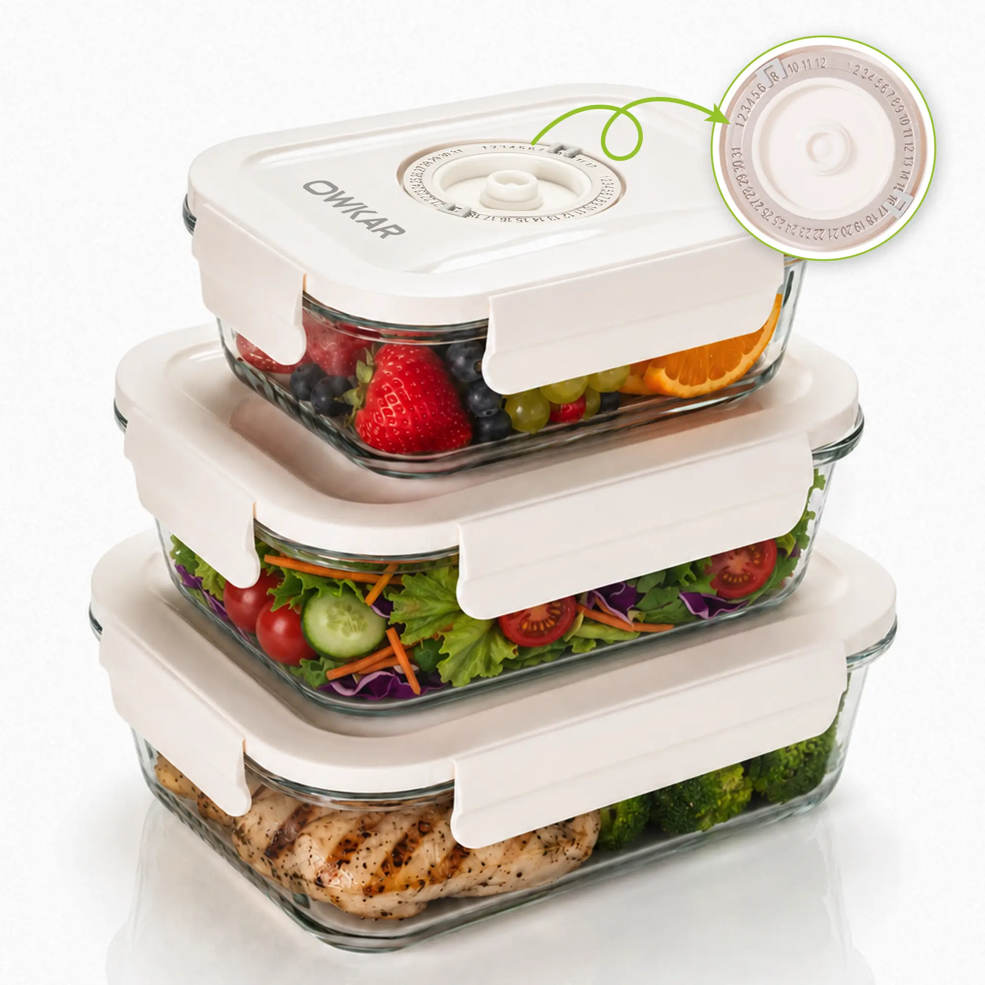 OWKAR 3-Pack Borosilicate Glass Vacuum Seal Food Storage Containers with Date Tracker Lids, Airtight Leakproof Kitchen Utensils Set, Microwave/Freezer/Dishwasher Safe (Sealer Not Included)