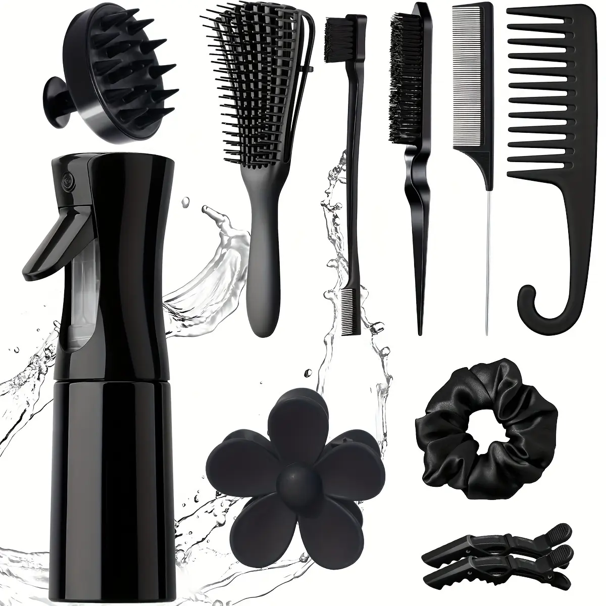 [11pcs Hair Brush Set] 11pcs Hair Brush Set for Women and Men|     Comb Set for Teasing, Edge & Back Brushing, Curly Hair Brush Set with Spray Bottle for Detangling Brush, Scalp Massager Shampoo Brush, Premium Wide Tooth Comb, Flower hair clip, Brush Set