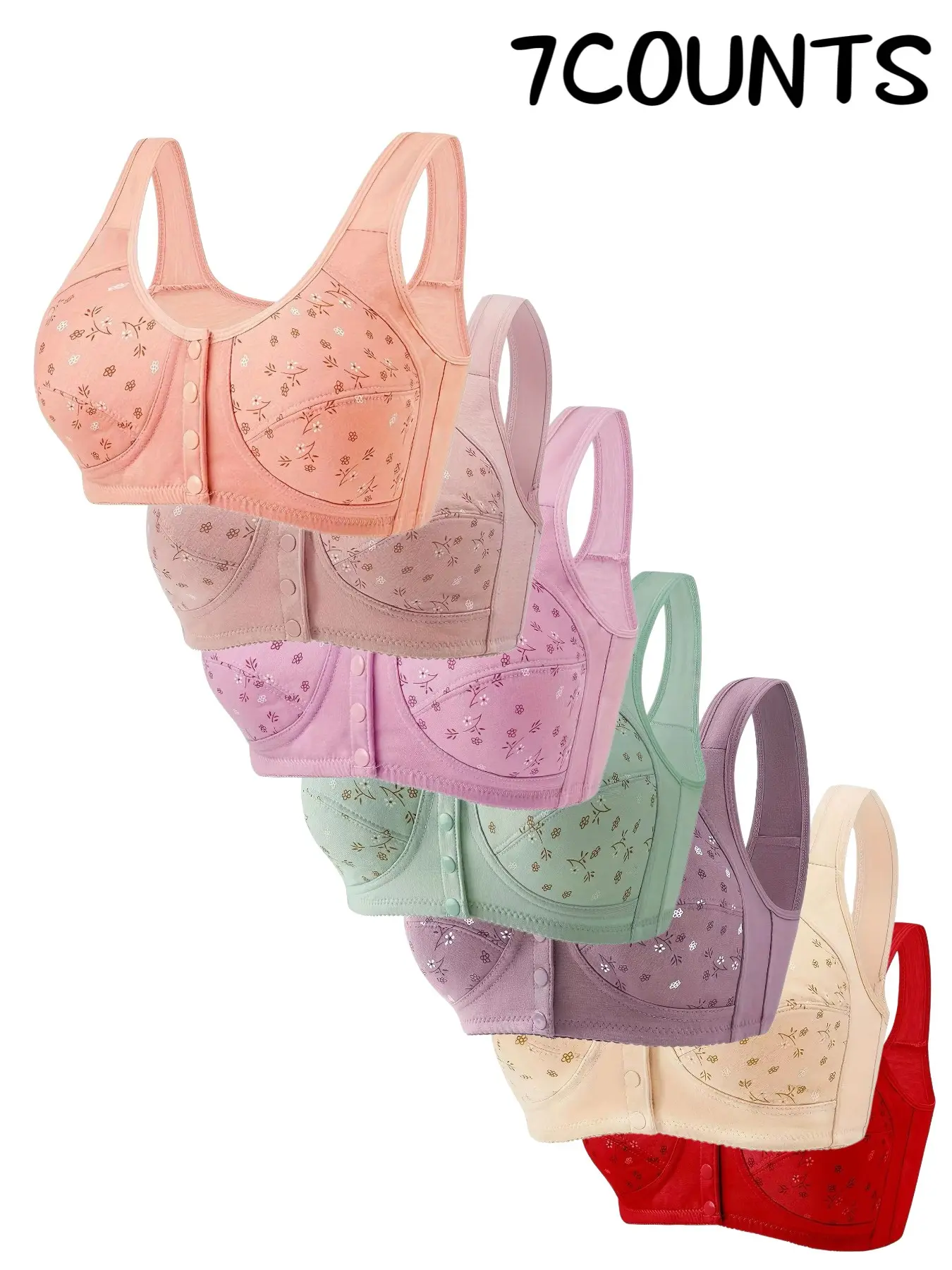 7-Pack Floral Wireless Bras, Comfortable & Breathable, Full Coverage Push-Up, Elderly-Friendly Front Buckle, All-Season Fitted Lingerie