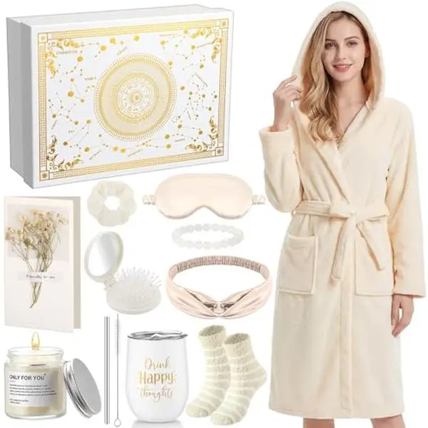 Spa Gift Basket 11 Pcs Self Care Set with Hooded Bathrobe Relaxing Bath Gift Set Pampering Spa Gifts for Mom Wife Grandma, Birthday Get Well Soon Thinking of You Stress Relief Care Package